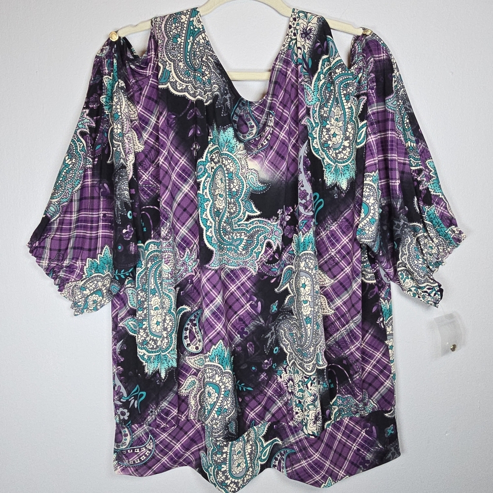 Sunny Leigh Women's Floral Paisley Plaid Cold-Shoulder Top Stretch Short Sleeve